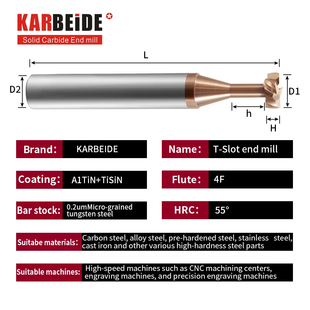 Карбидные концевые фрезы KARBEIDE с Т-образным пазом, 4-флейтовое покрытие TiSiN, для углеродистой стали, легированной стали, чугуна и т. д. (art.: 3920cd19143ca) - 3920cd19143ca
