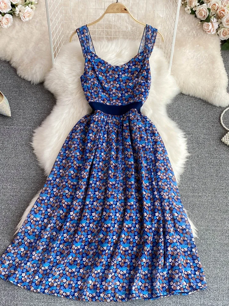 

FMFSSOM Summer New Women Fashion Casual Chiffon Spaghetti Strap Floral Dress Sleeveless High Waist Slim Printed A-Line Dresses