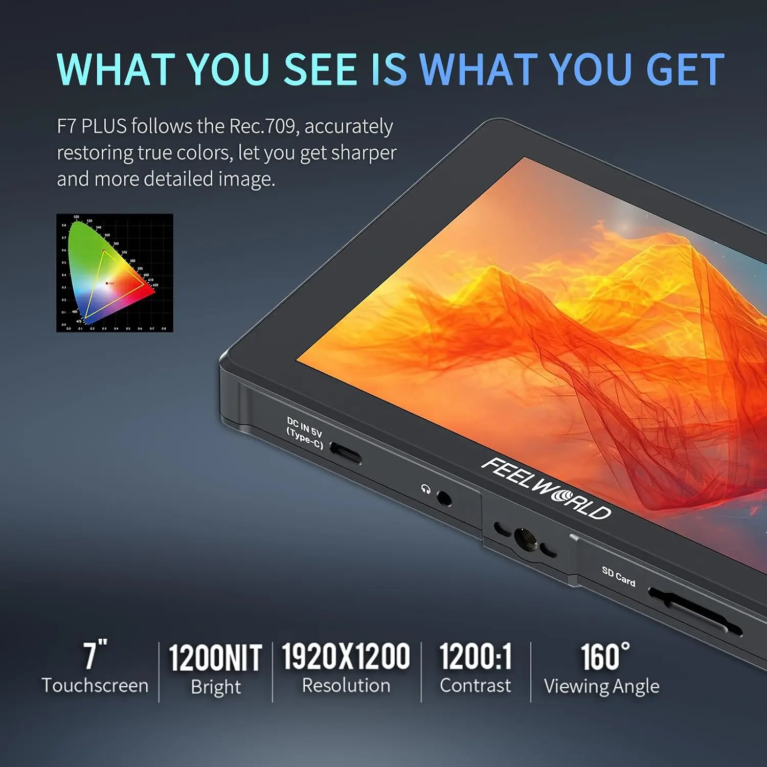 Фото FEELWORLD F7 Plus 1200nit 7-дюймовый сенсорный монитор для камеры с высокой яркостью и четким изображением при дневной светоте, разрешение 1920 x 1200 №4