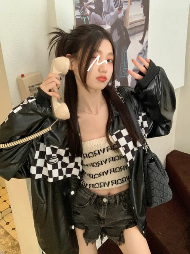 Женская куртка в стиле Харадзюку Y2k винтажная из искусственной кожи модная