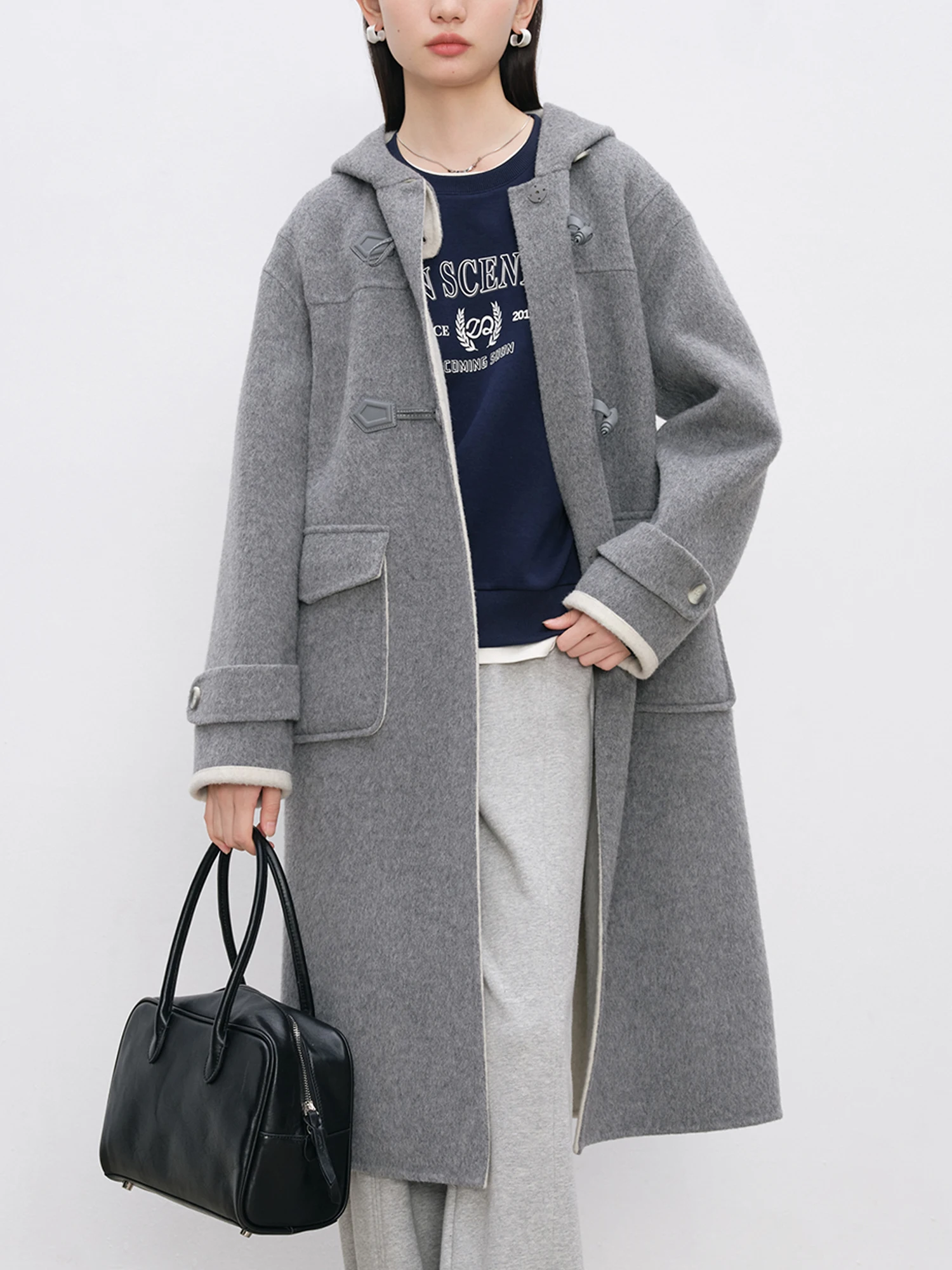 ZIQIAO маленького размера серое корейское шерстяное пальто на пуговицах с рогом