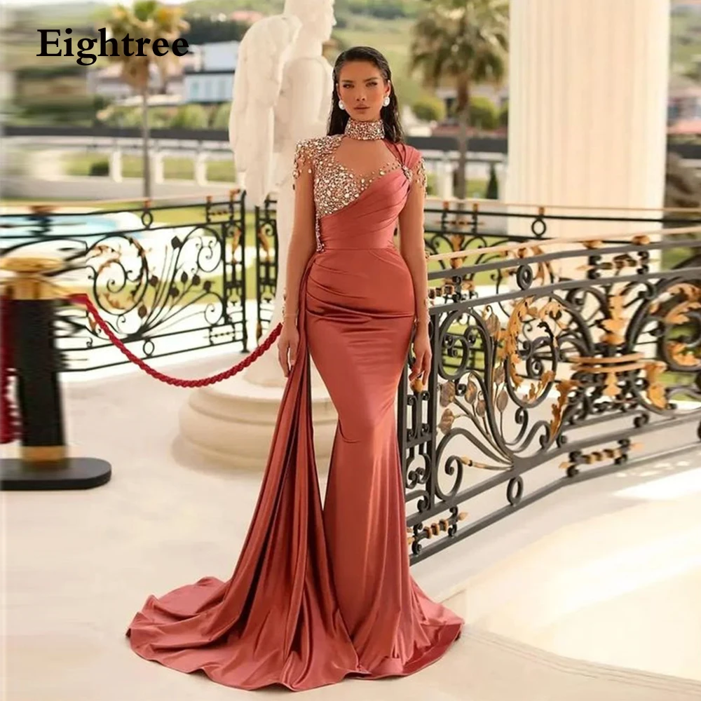 

Eightree Sexy Mermaid Prom Dress Satin Crystal High Neckline Pleat Long Evening Dress Vestido De Noche Party Grown 2023