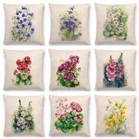 watercolor flowers linen cushion cover bluebells geranium cornflowers hollyhocks bouquet floral aquarelle sofa throw pillow case