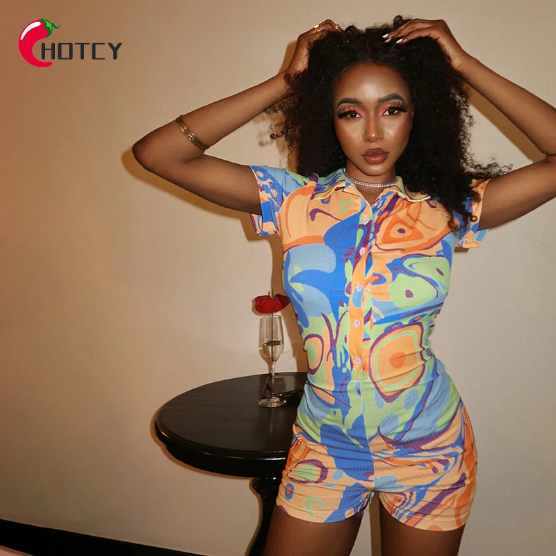 HOTCY Irregularity Print Polo Neck Women Jumpsuit Summer Short Sleeve Shorts Sportswear Playsuit