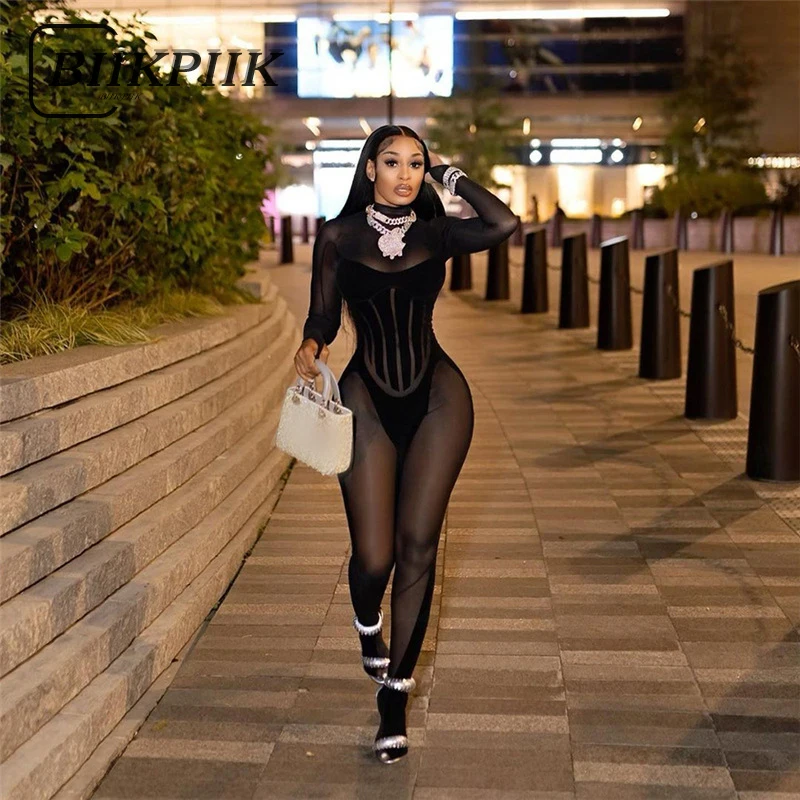 

BIIKPIIK Mesh Patchwork Sexy Jumpsuits See Through Euphoria Fashion Corset Jumpsuit Low Waist Elegant Clubwear Skinny Aesthetic