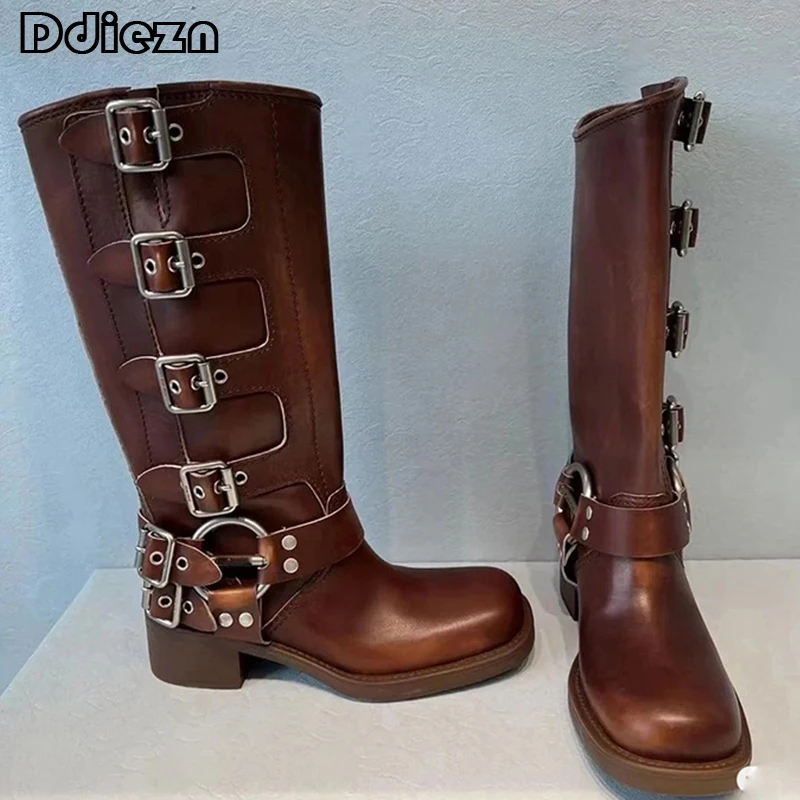 

Мотоциклетные сапоги, новинка 2023, женская обувь до колена, модные туфли Челси на каблуке, женская обувь 2023, женские длинные сапоги на платфор...