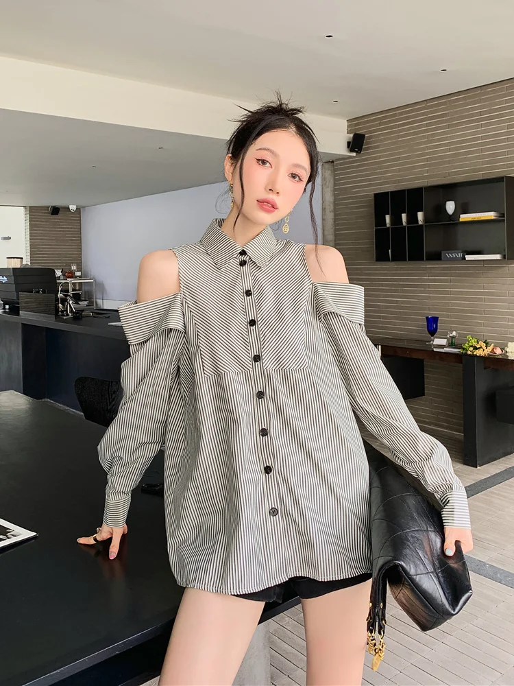 

Blouse Stripe Spring/Summer 2023 New In Outwear Long Shirt Women's Outifits Top Off Shoulder Clothing Korean Style Fashion