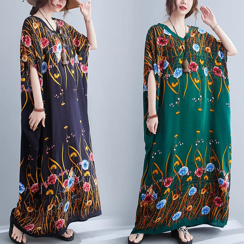 

Летнее пляжное платье, элегантная одежда, богемные Цветочные Свободные платья большого размера d с коротким рукавом, Женская Повседневная Д...