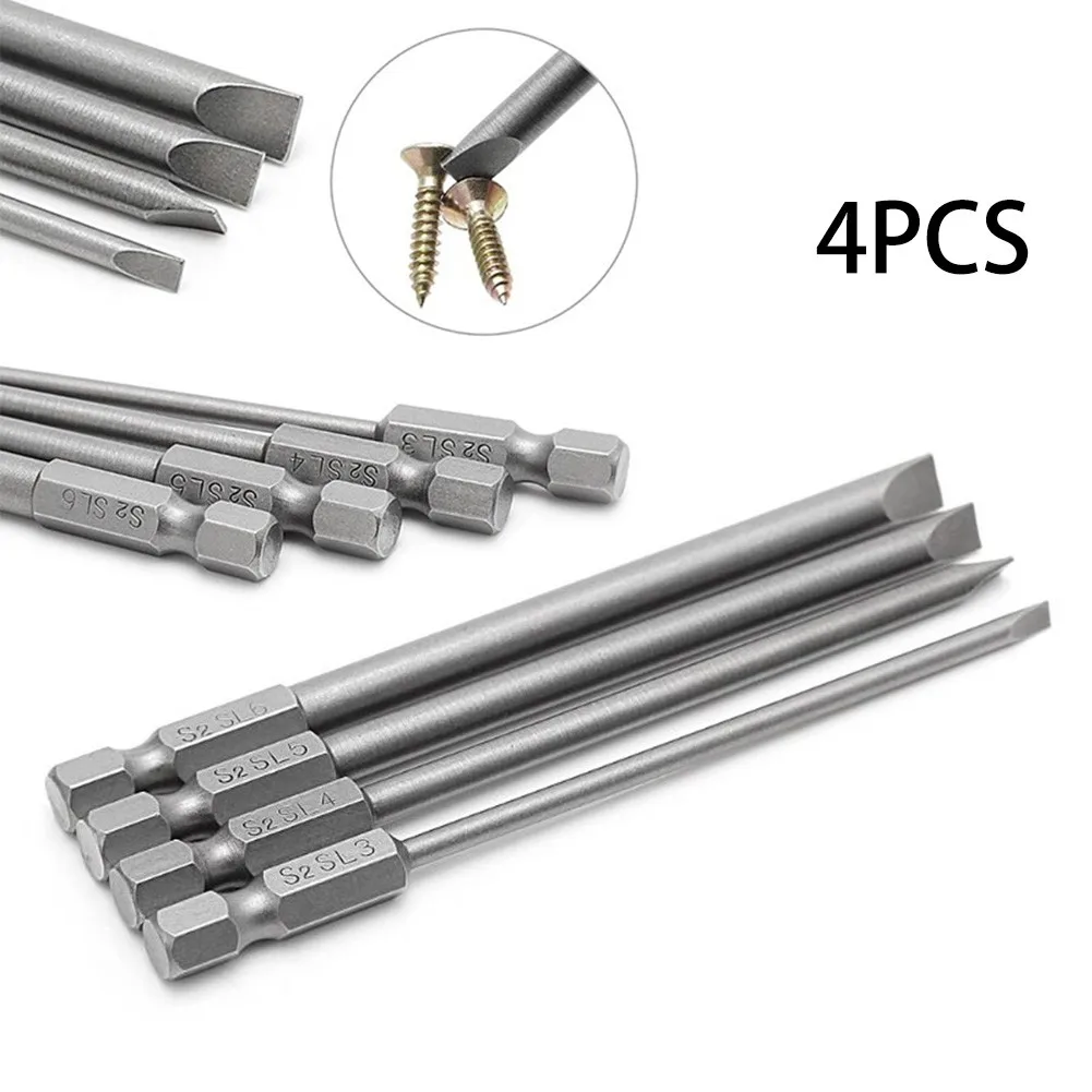 

4Pcs 100mm Slotted Screwdriver Bit 3mm-6mm S2 Magnetic Flat Head 1/4\" Hex Shank Slotting Screw Driver With Handle