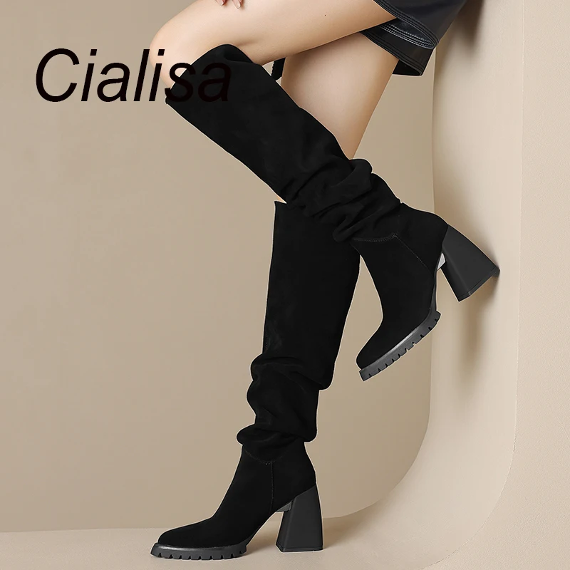 

Женские ботфорты из коровьей замши Cialisa, Коричневые Высокие сапоги до бедра на среднем каблуке, Осень-зима 2023