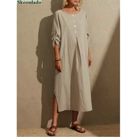 women summer cotton liene italy dress for women 2022 fashion casual loose pullover pleated midi dresses party split long skirts