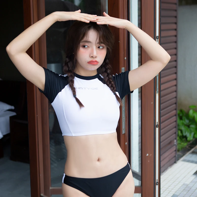 

Женский раздельный спортивный купальник Bitysie, пикантный облегающий купальник с коротким рукавом и цветными блокировками, сексуальный женс...