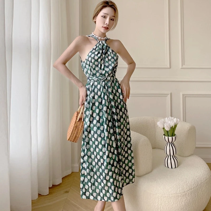 

Fashion Korean Vintage Sexy Halter Sleeveless Midi Party Dress Ladies Elegant Robe Casual Geometric Print Beach Vacation Dress