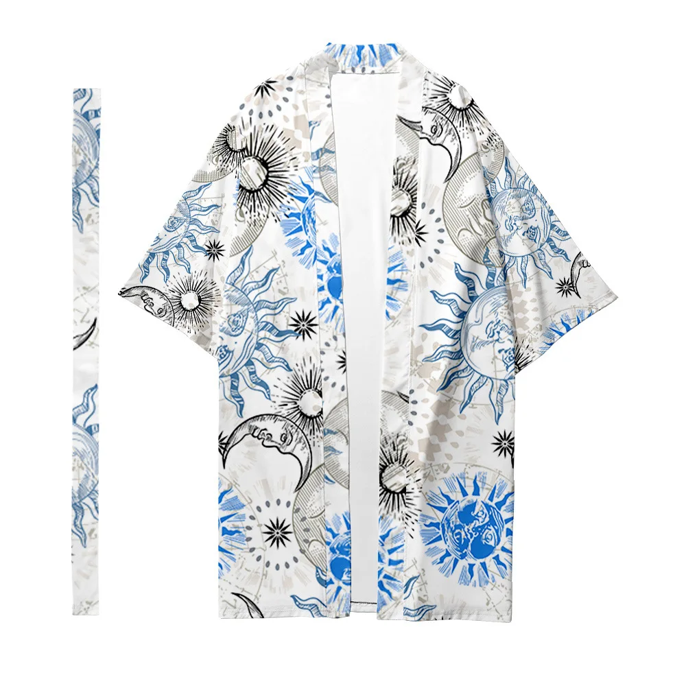 Мужское японское длинное кимоно кардиган женское с рисунком солнца луны рубашка