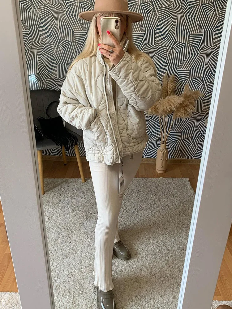 TRAF Cotton Coat Women's 2023 Winter Fashion Pocket Drawstring Warm Vintage Long Sleeve Zipper Female Outerwear Tops Jacket