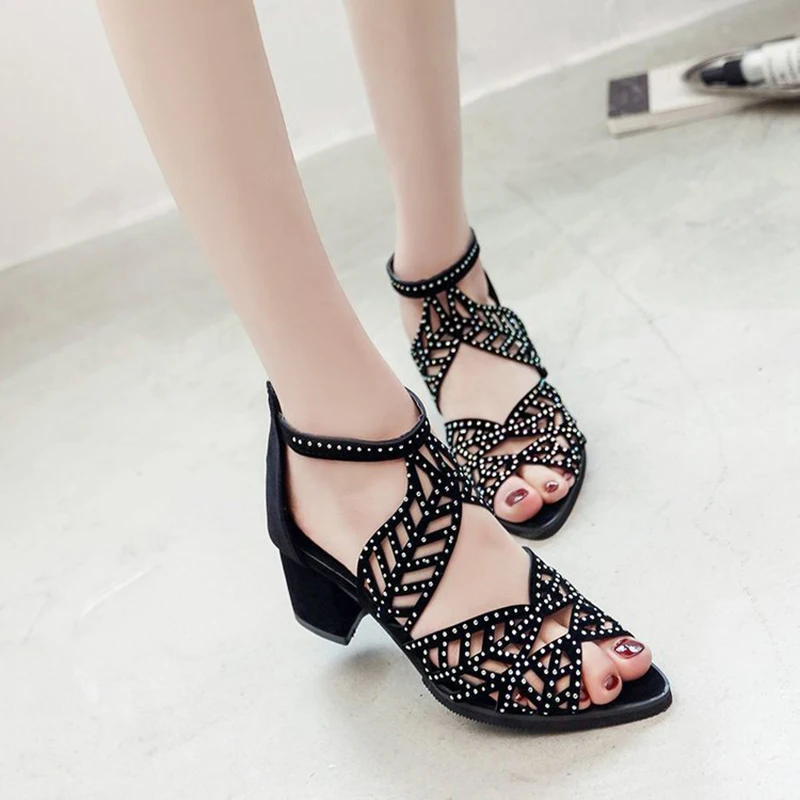 

Summer Hollow Ladies Sandals Fish Mouth Rhinestone Fashion Woman's Roman Sandals Solid Color Thick Heel Outdoor Female's Sandals