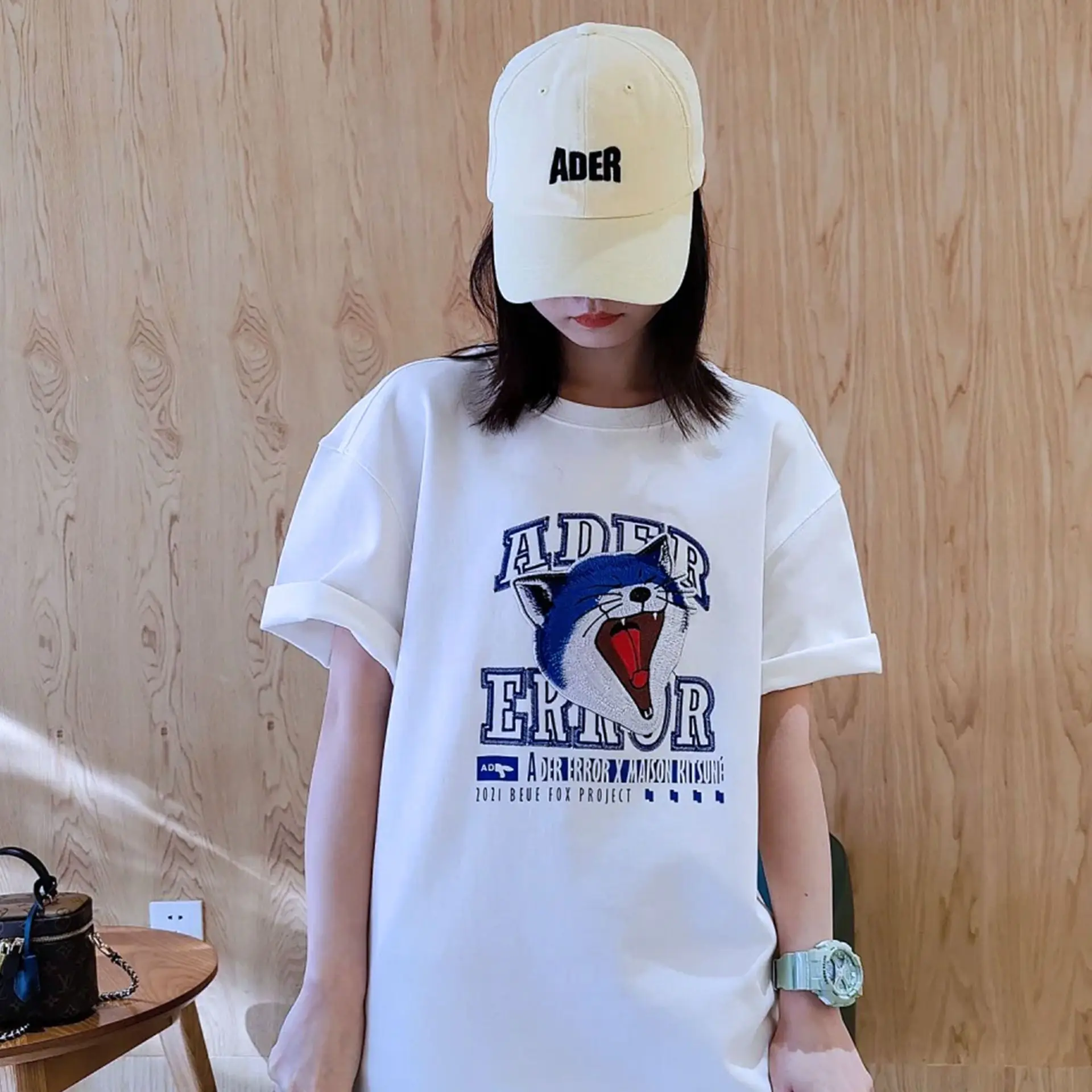 

2022 ADER ERROR yawn fox embroidered letters men and women short-sleeved loose T-shirt TX580
