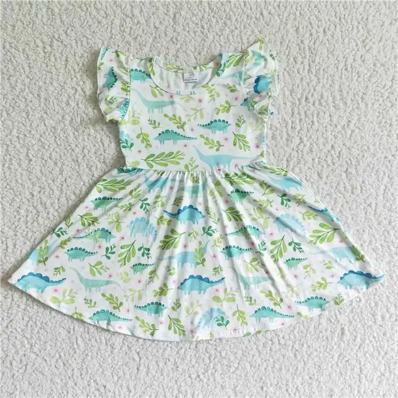 

Kid Summer Dinosaur Twirl Dress Green Ruffle Short Sleeve Boutique Baby Girl Clothing Wholesale Fashion Children Toddler Clothes