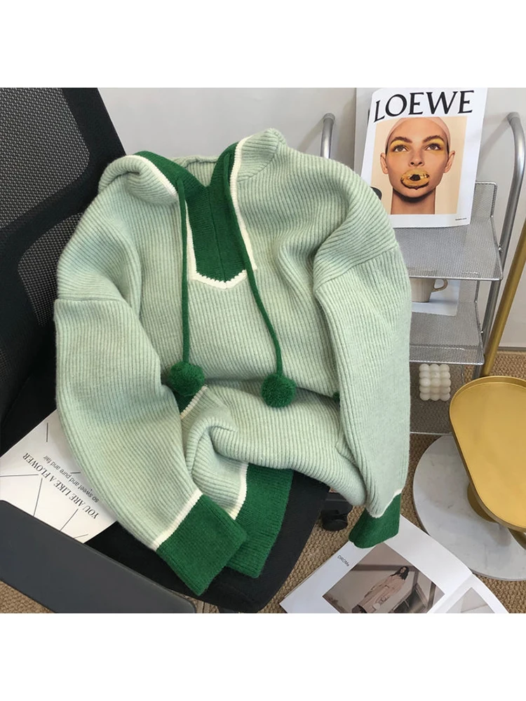 

Свитер-худи для женщин, модные простые свободные Теплые трикотажные пуловеры в Корейском стиле с длинным рукавом, весна 2023