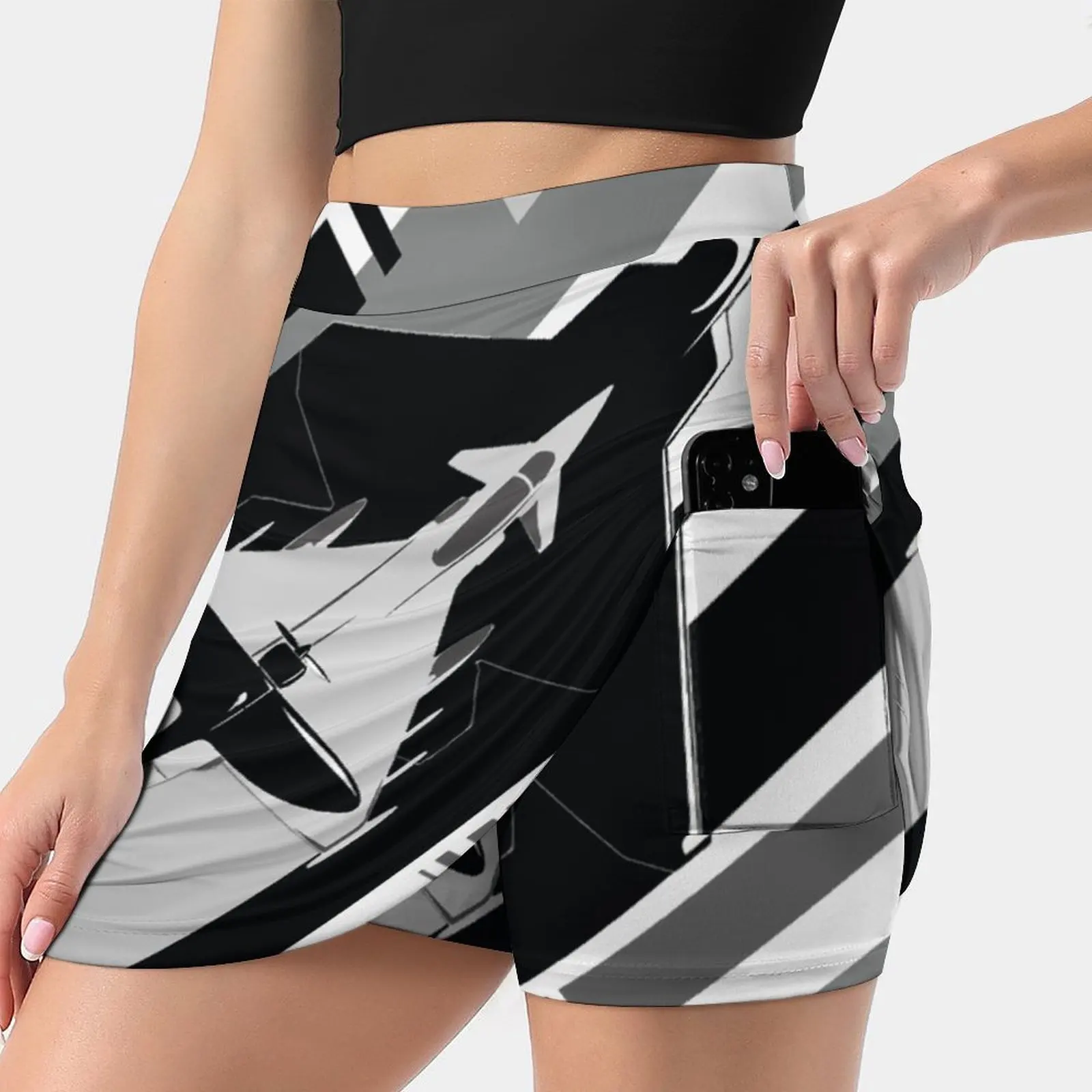 

Юбка женская двухслойная короткая с принтом, Спортивная мини-юбка в стиле авиации, черный и белый цвет