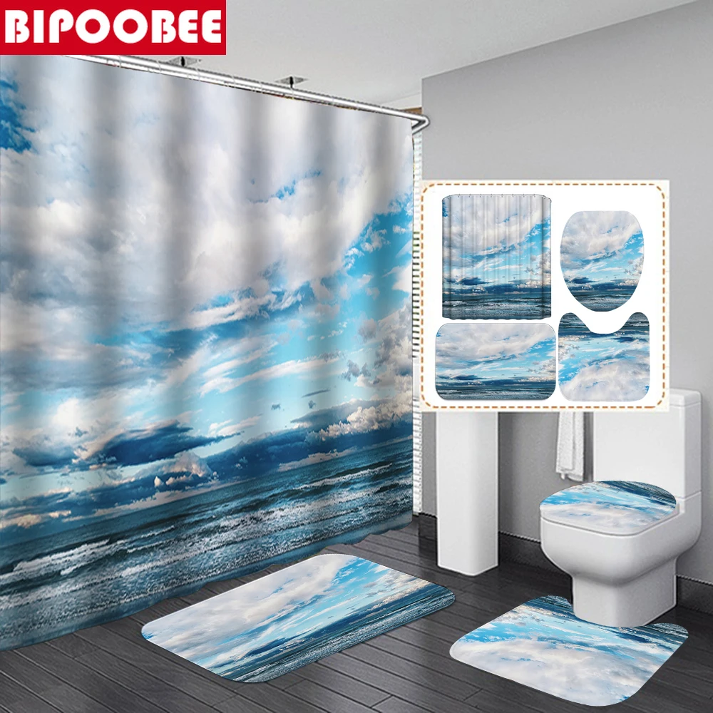 

Морская накидка с принтом голубого неба и белых облаков, занавеска для душа, 3D занавеска для ванной комнаты, крышка для унитаза, нескользящий коврик, коврики для ванной
