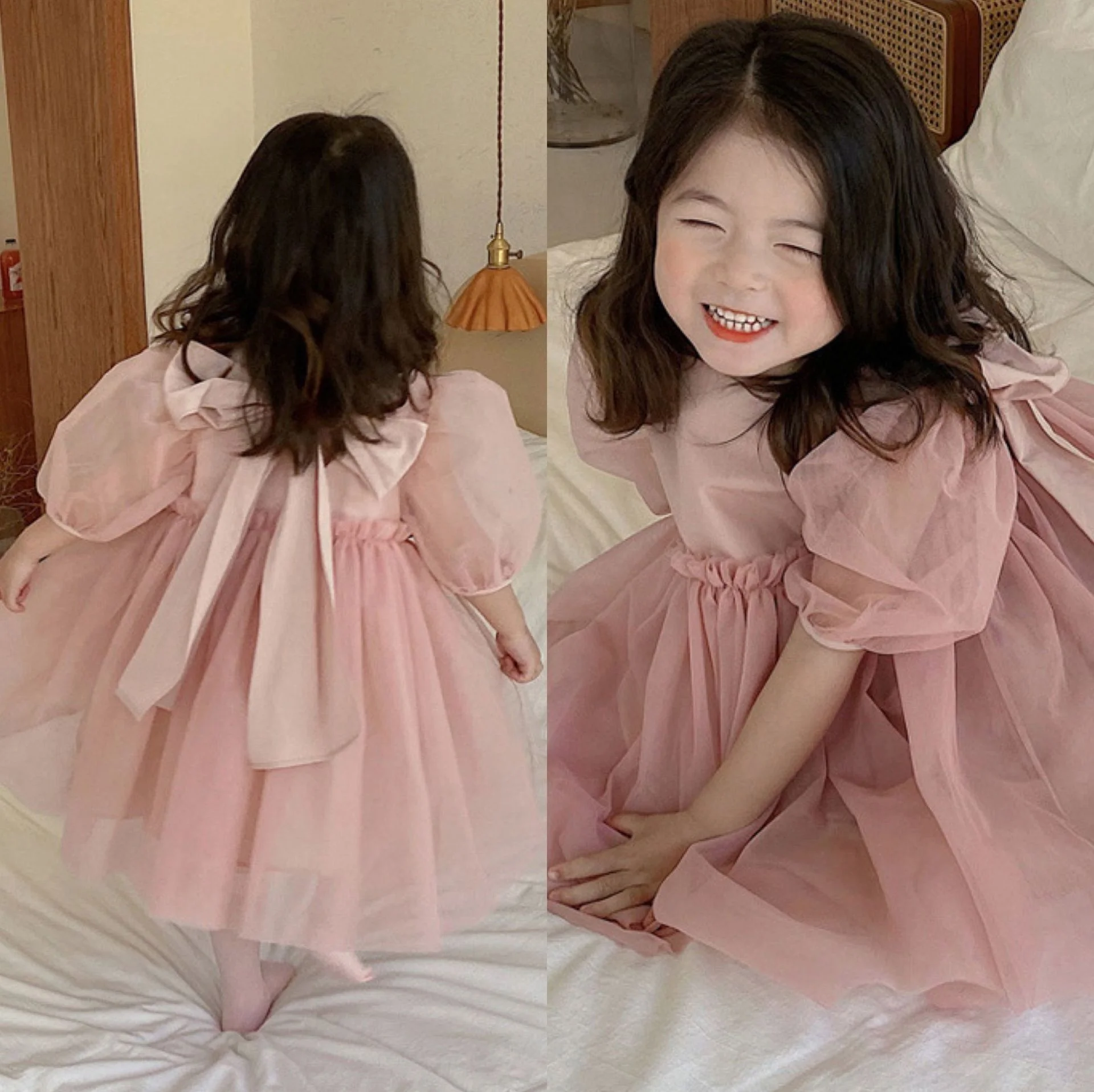 

Girls Dress Summer Mesh Bubble Sleeve Bow Knot Korean Princess Skirt Middle Child Children Clothing Little Elegant Kids Frocks