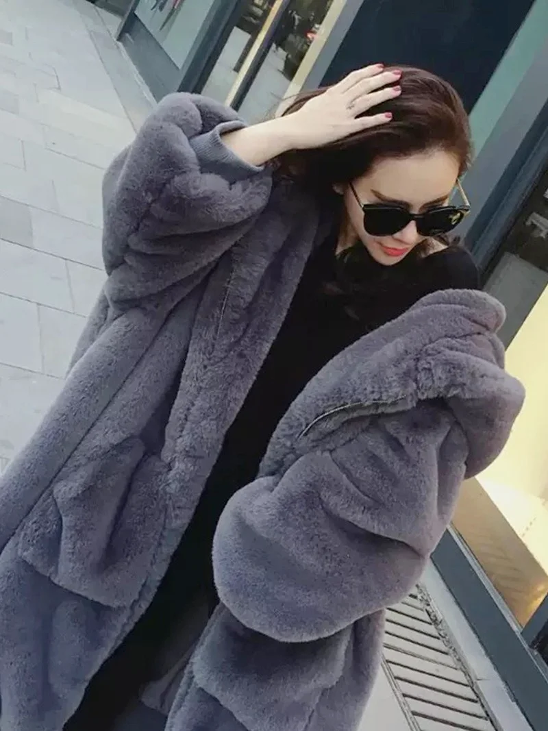 Imitation Rex Rabbit Hair Coats Winter Women Warm Thick Loose Hooded Faux Fur Parkas Solid Colors Big Pocket Leisure Outwears