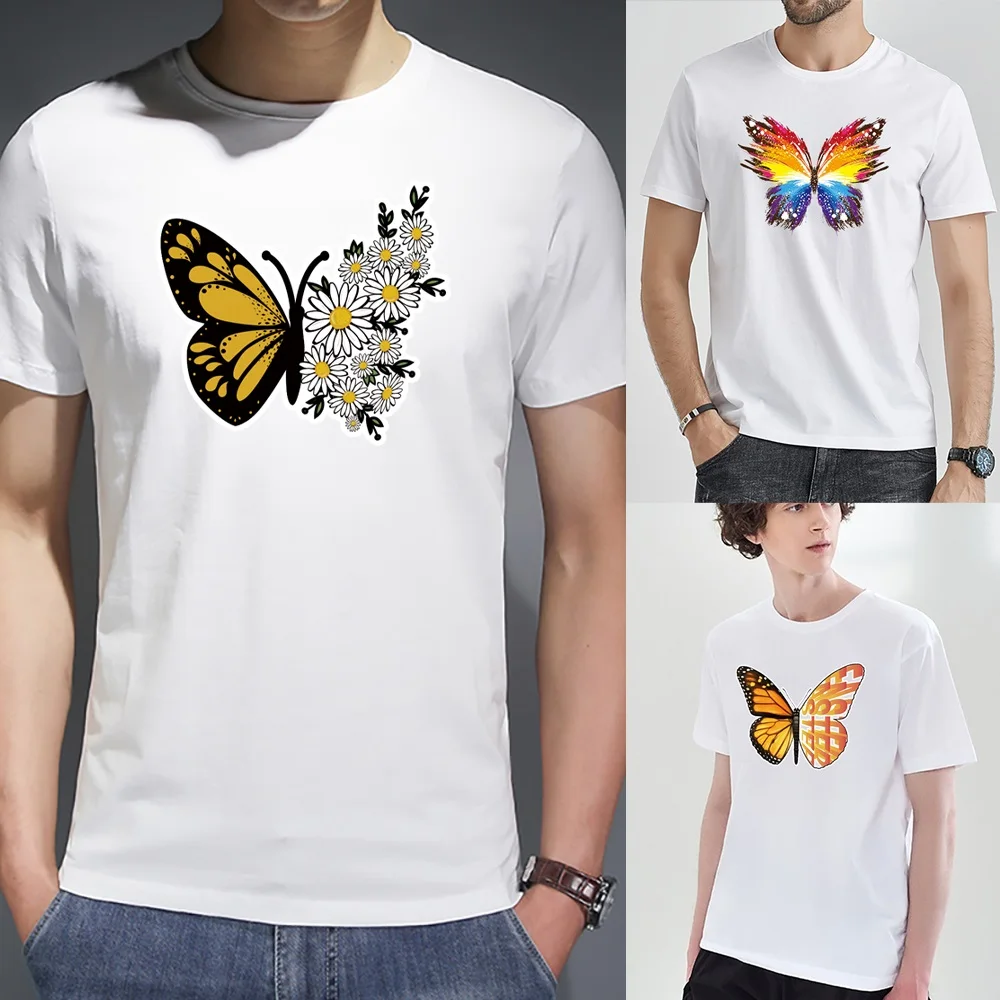 

T-Shirt Summer Short Sleeve Top Men Casual Tee Shirt Men O-neck White Harajuku Pretty Butterfly Male Hip Hop Trend Streetwear