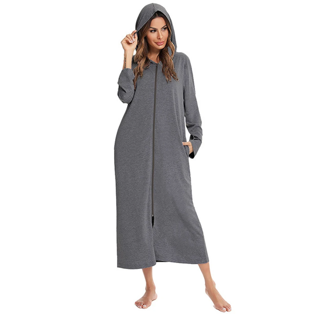Autumn Women's Zipper Front Robe Coat With Pockets Modal Bathrobe Hooded Solid Long Sleeve Night Wear Sleepwear Women Gown 2023
