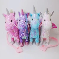 new cute sequined unicorn plush toy leash pegasus doll walking and singing electric bright color dragon horse plush toy kid gift