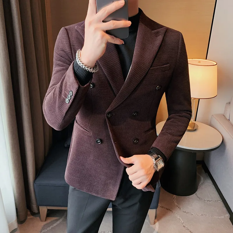 

2023 Double-Breasted Tuxedo British Male Blazer Suit Jacket Business Casual One Corduroy Blazer Men Regular Abrigo Hombre M-4XL
