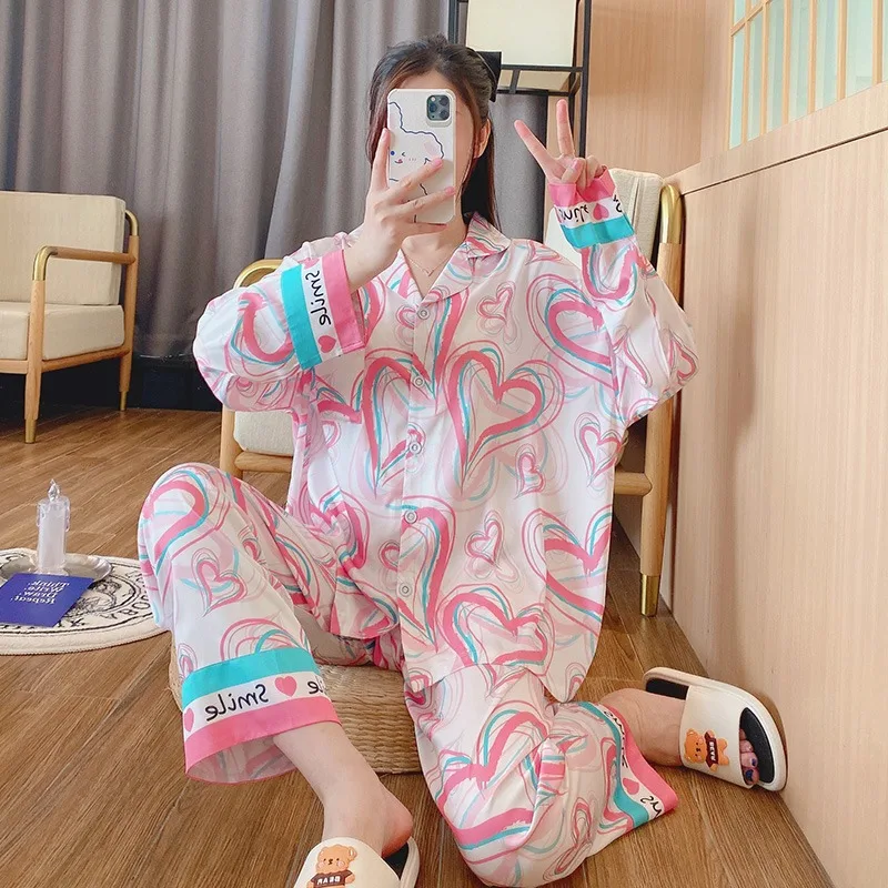 

love Pint Satin Pajama Sleepwear Two Piece Sleeping Wear Printed with Pijama Trouser Suits Cardigan Nightie Nightgown Pyjama