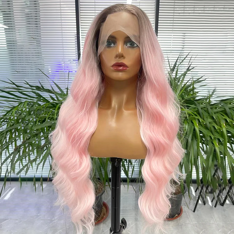 MONIXI Synthetic Long Wavy Front Lace Wig Ombre Pink Hair for Women's Wigs Cosplay Looks Nature Heat Resistant Fiber
