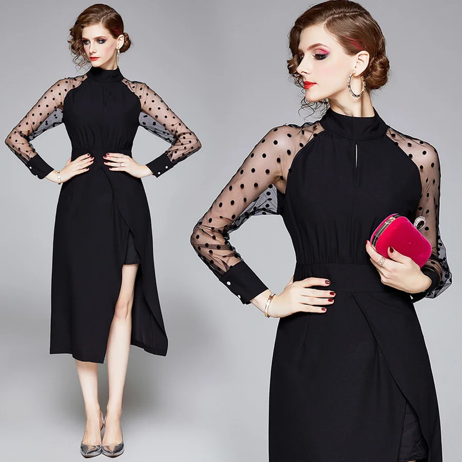 

2022 Vintage Black Lace Sexy Midi Dresses Spring Summer High Street Plus Size Runway Dress Elegant Women Bodycon Party Vestidos