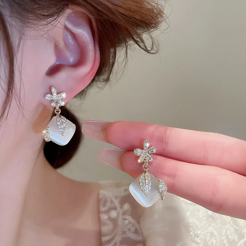 

Minar Sweet Sparkly CZ Cubic Zirconia Flower Leaves Dangle Earrings for Women Girls Opal Geometric Pendant Earring Party Jewelry