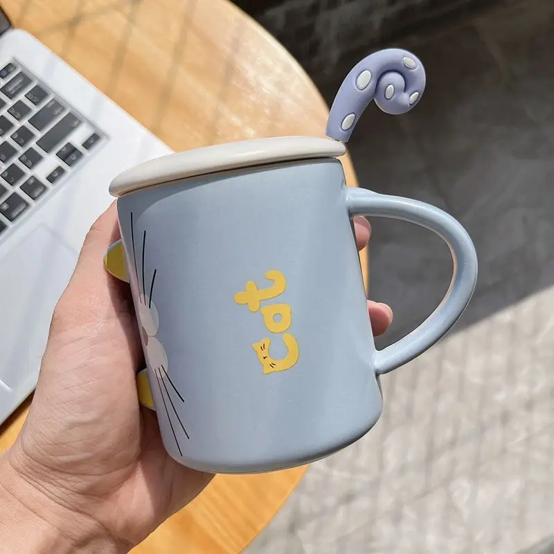 

Cartoon Coffee Cup Set Cute Cat Ceramic Mug with Spoon and Lid Tea Milk Juice Water Cups Milk Mugs Couple Gift Freeshipping