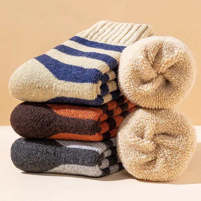 

5Pair Winter Thick Socks Men Super Thicker Solid Sock Striped Merino Wool Rabbit Socks Against Cold Snow Russia Winter Warm Sock