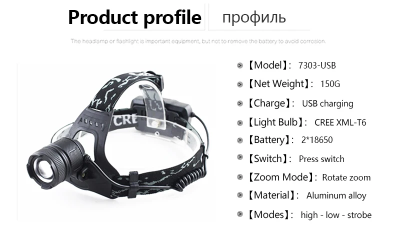 Фонарь налобный светодиодный с 3 режимами и 2 аккумуляторами 18650 |