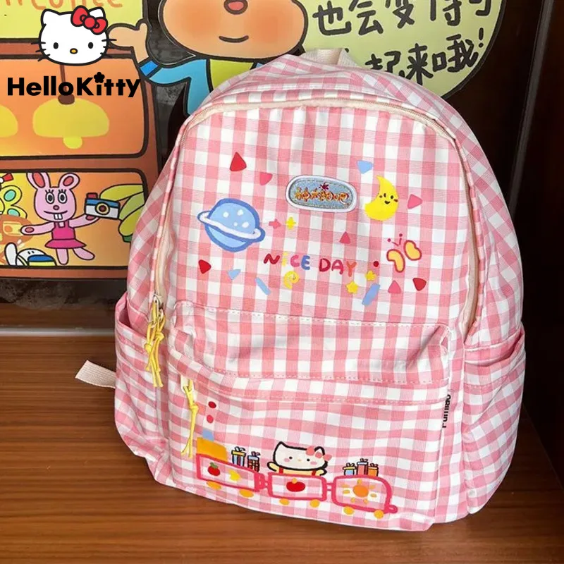 

Sanrio Cute Hello Kitty Pink Plaid Backpack For Women Korean Preppy Sweet Kawaii Students Schoolbag Fashion Casual Shoulderbag