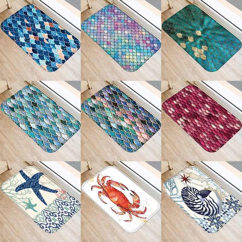 

Kitchen Rug Marine Style Doormat Outdoor Polyester Mermaid Printed Pattern Flannel Anti-slip Floor Mats Tappeto Cucina 48226