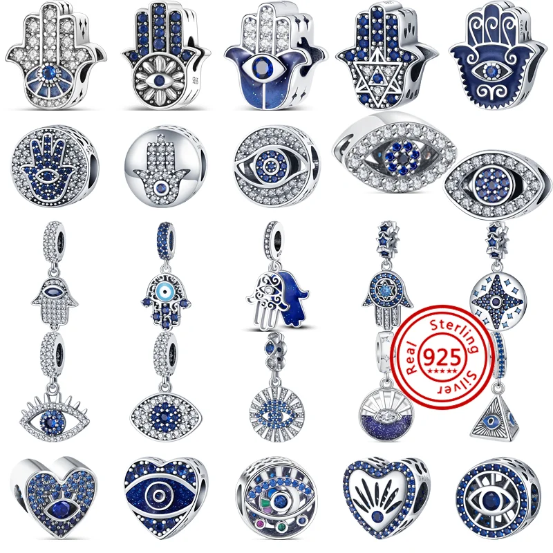 

925 Sterling Silver Blue Zircon Demon Eye Palm Pendant Sparkling Beads Fit Original Pandora Charms Bracelet DIY Making Jewelry