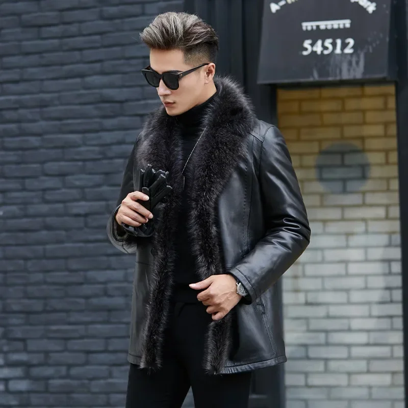 Raccoon Dog Fur Collar Leather Jacket Men Wool Liner Tops Winter Men's Sheepskin Coat Plus Size Clothes 6xl 2024