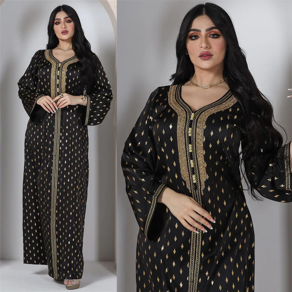Платье-Кафтан Jalabiya женское с золотым тиснением, повседневная скромная одежда в Дубае, для мусульманской, арабской, марокканской вечеринки