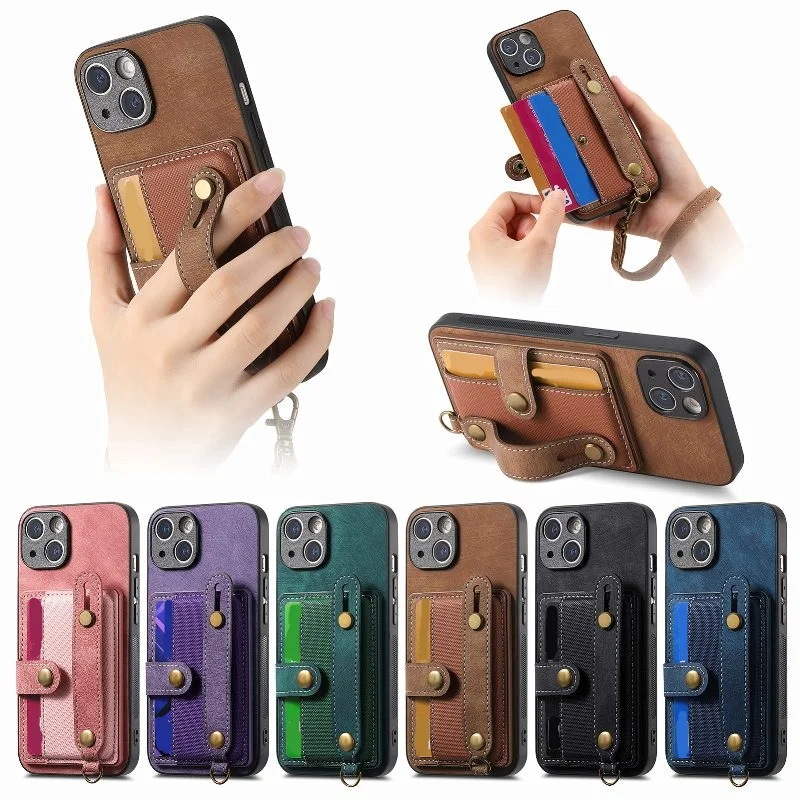 

Fashion Wrist Strap Wallet Card Phone Case For iPhone 15 14 Plus 13 12 11 Pro XR X XS Max SE 8 7 6 Plus Mobile Phone Back Cover