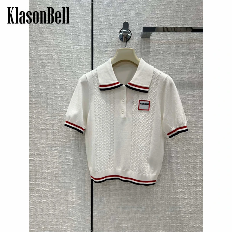 

4,9 KlasonBell полосатый Контрастный ЦВЕТНОЙ бейдж с надписью вязаная одежда Повседневный короткий вязаный пуловер для женщин