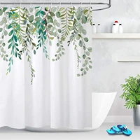 watercolor green leaves shower curtain spring botanical plant branch bouquet floral pattern shower curtain with white backdrop