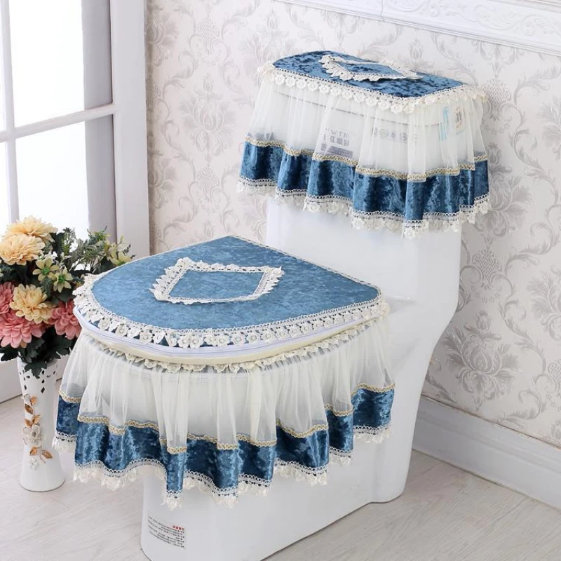 

New Three Piece Toilet Cushion Set Seasonal Universal Double-sided Toilet Seat Cover Zippered Lace Fabric Toilet Seat Cushion