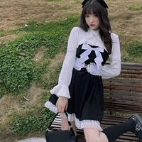 japanese kawaii bandage lolita y2k mini dress retro cute bow black white patchwork high waist women two pieces dresses set