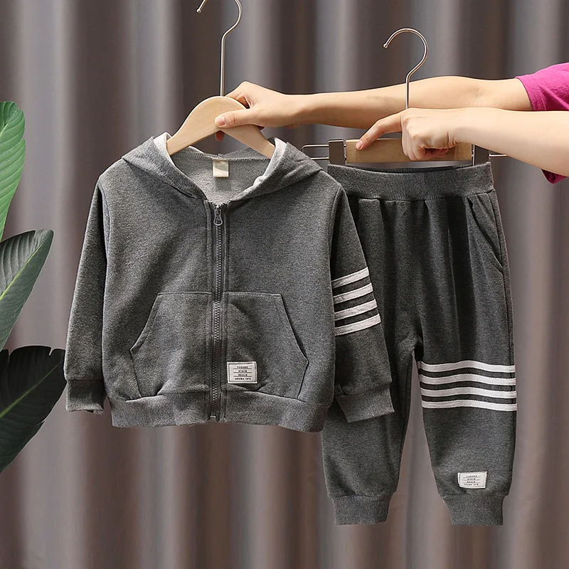 

Полосатый детский спортивный костюм на молнии с капюшоном, комплект из 2 предметов с толстовкой для маленьких мальчиков + спортивные штаны, ...