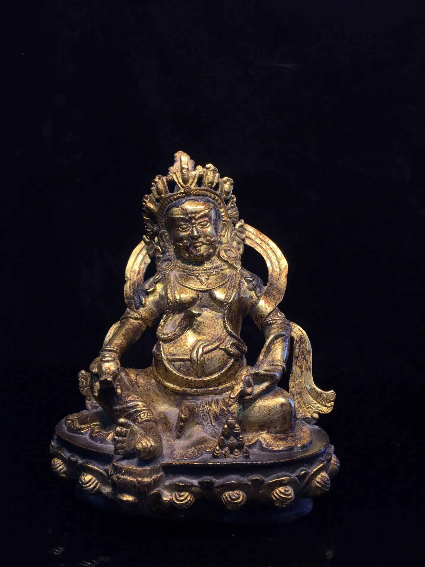 

8"Tibet Temple Collection Old Bronze Cinnabar Gilding Yellow Jambhala Tibetan god of wealth Buddha Worship Hall Town house